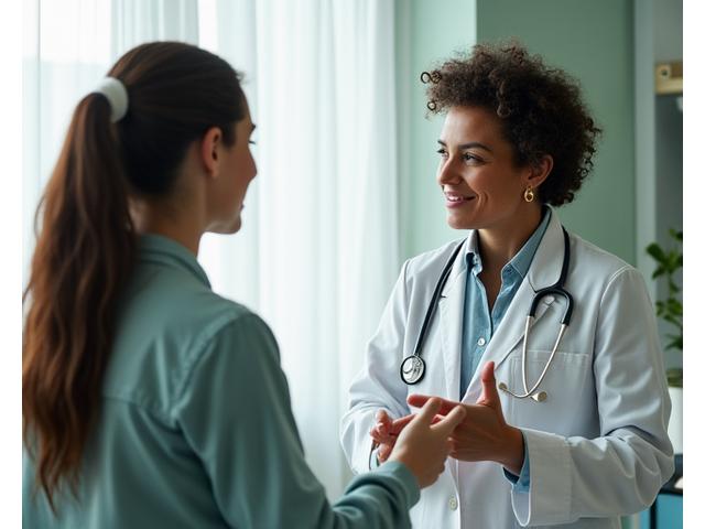 A healthcare professional gently explaining something to an attentive patient, symbolizing expert guidance.