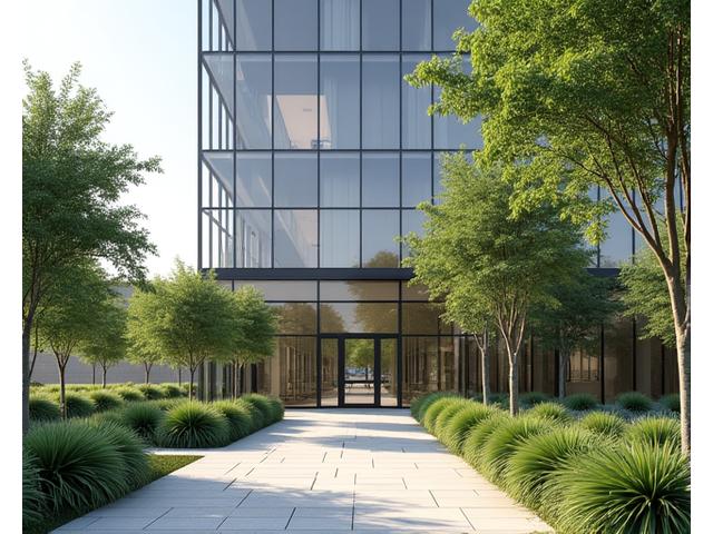 Exterior view of a modern, inviting office building in Austin, reflecting VitaSprout Gardens' professional setting.