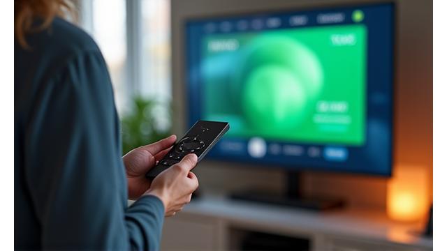 A person's hand holding a remote, interacting with a Smart TV displaying wellness content.