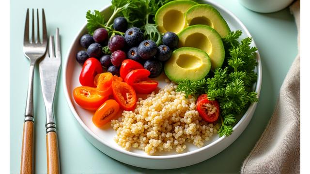 Close-up of a vibrant, balanced meal with fresh vegetables and whole grains.