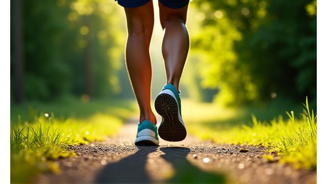 Overhead shot of a person's running shoes on a healthy green path, symbolizing physical activity.