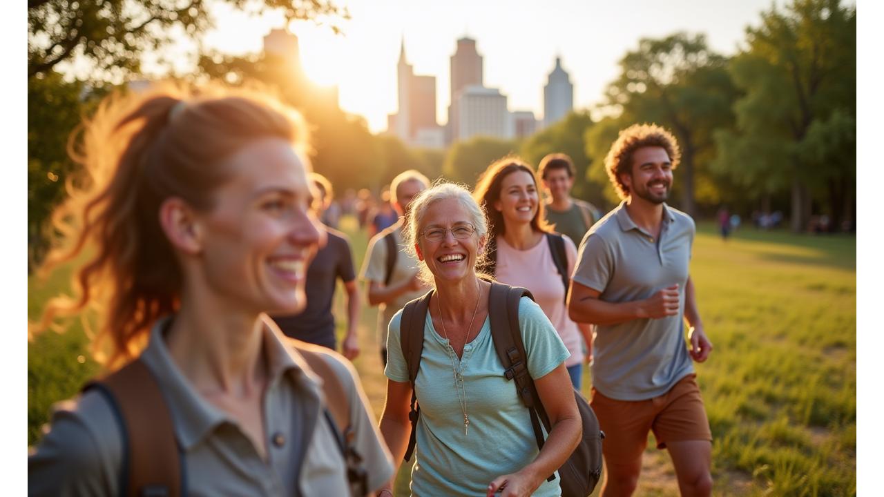 Vibrant, active adults enjoying outdoor wellness activities in Austin, Texas, with a healthy, natural glow.