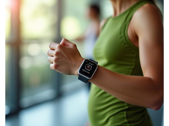 Adult in athletic wear using a smartwatch to track a workout, with a vibrant, active background and modern gym equipment.