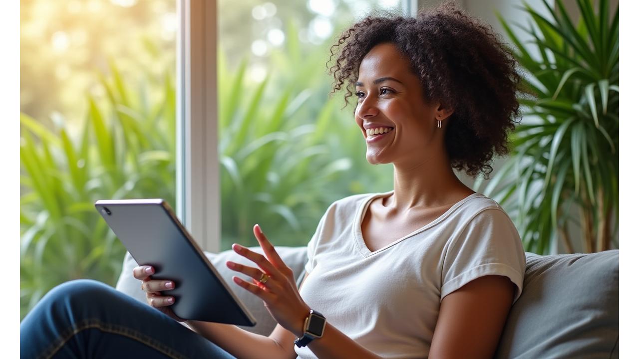 Woman happily engaging with a smart wellness app on a tablet, surrounded by lush green plants and natural light.