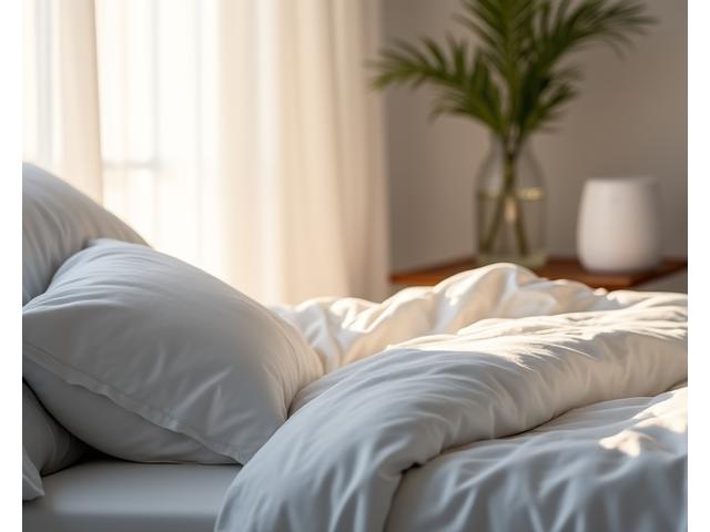 Peaceful bedroom with soft, natural lighting, a comfortable bed, and a subtle smart sleep tracker device visible, conveying relaxation and restorative sleep.