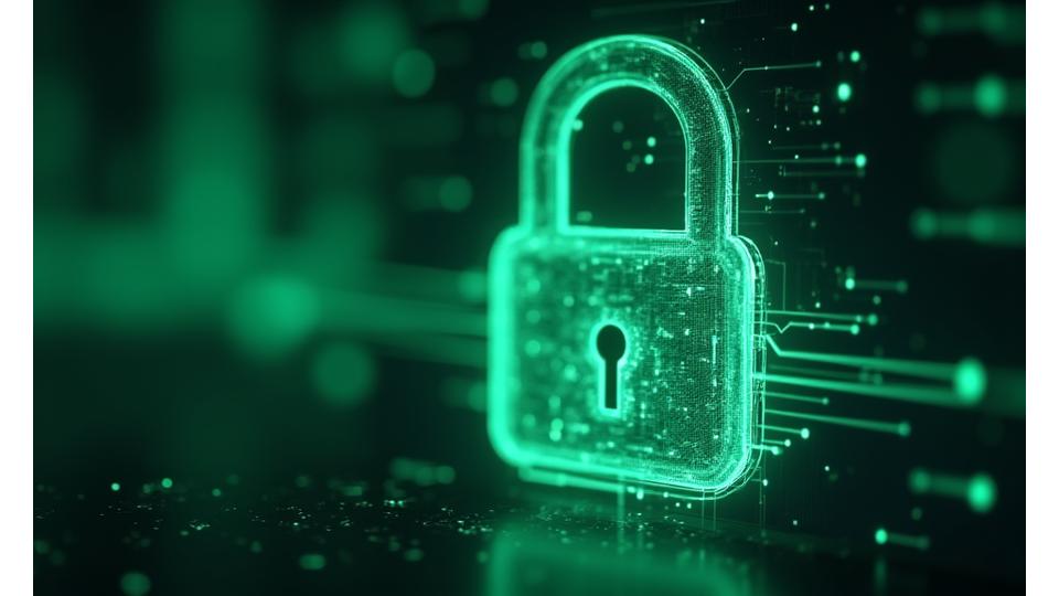 Futuristic digital padlock with green glowing lines, symbolizing robust data encryption and cybersecurity behind a digital health interface.