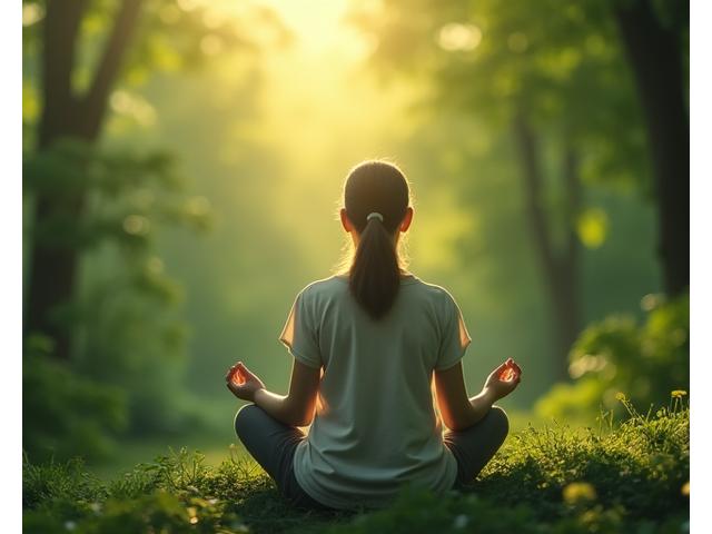 A person meditating outdoors with eyes closed, a subtle glow around them, conveying peace.