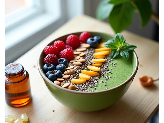 A vibrant smoothie bowl with fresh berries and nuts, next to a bottle of dietary supplements.
