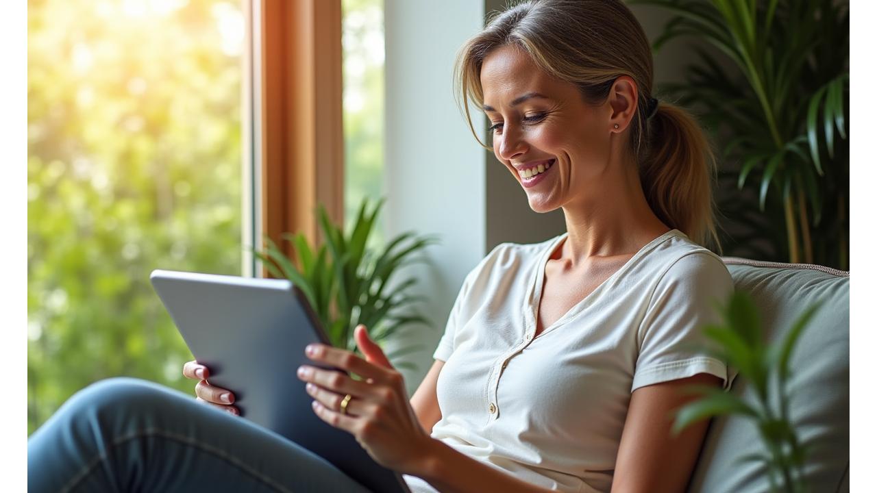 A woman reviewing personalized wellness product recommendations on a tablet, surrounded by natural light from a window and subtle green accents.