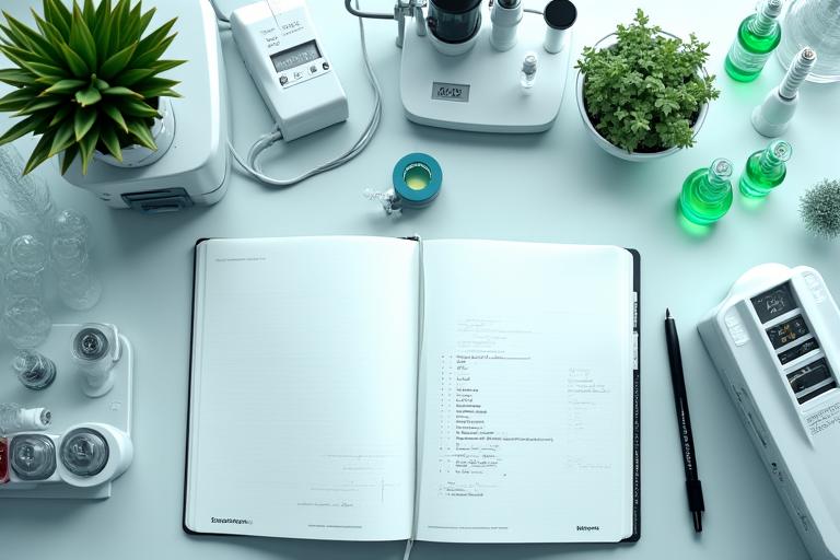 Overhead view of a laboratory setup with scientific instruments and a notebook, implying meticulous testing.