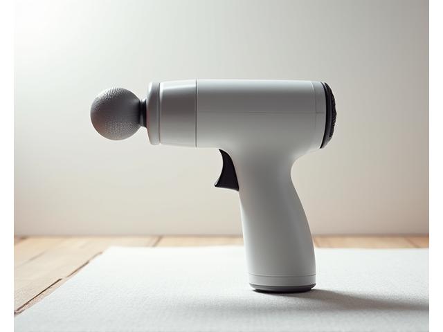 A high-tech percussive massage gun on a clean, light surface ready for use.
