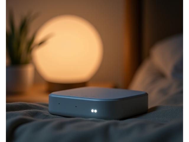 A modern smart sleep tracker on a bedside table, next to a dimmed lamp.