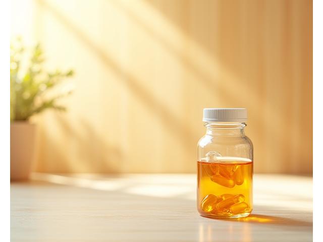 A bottle of vitamin D supplements on a wooden table, with soft sunshine.