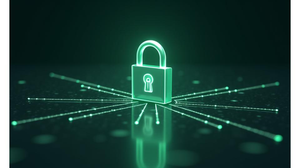 Digital illustration of glowing data flowing into a secure lock, symbolizing digital privacy and data protection.